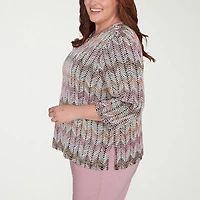Alfred Dunner Telluride Womens Split Crew Neck 3/4 Sleeve Plus T-Shirt