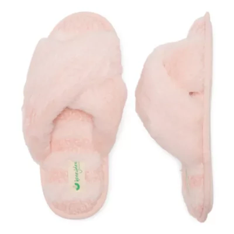 HONEYDEW Mixed Media Crossband Womens Memory Foam Slip-On Slippers