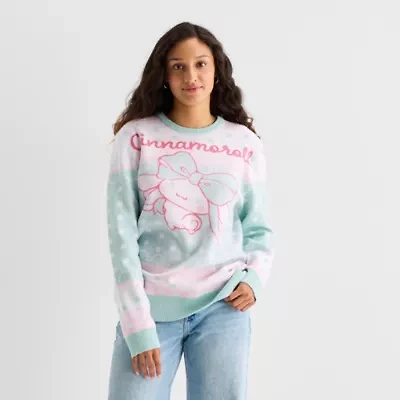 Juniors Cinnamaroll Intarsia Womens Crew Neck Long Sleeve Hello Kitty Pullover Sweater
