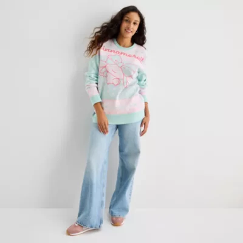Juniors Cinnamaroll Intarsia Womens Crew Neck Long Sleeve Hello Kitty Pullover Sweater