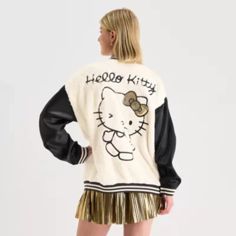 Hello Kitty Girls Night Out Faux Fur Womens Juniors Fleece Midweight Bomber Jacket