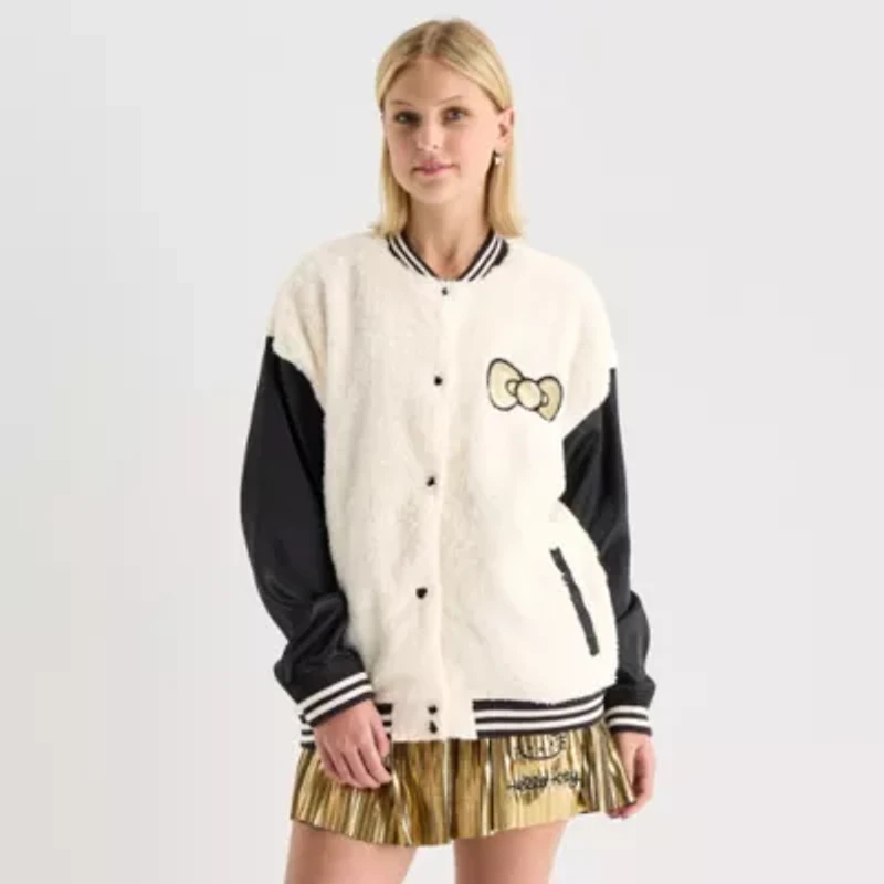 Hello Kitty Girls Night Out Faux Fur Womens Juniors Fleece Midweight Bomber Jacket