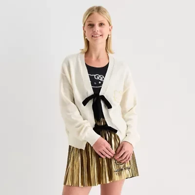 Girls Night Out Womens V Neck Long Sleeve Embellished Tie Hello Kitty Juniors Cardigan