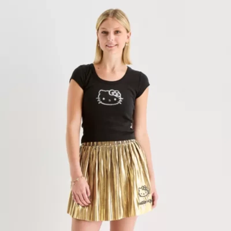 Hello Kitty  Girls Night Out Ss Baby Tee Womens Juniors Scoop Neck Short Sleeve Fitted Graphic T-Shirt