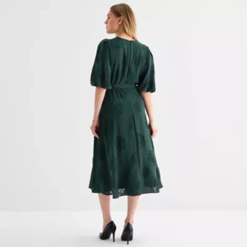 Melonie T Womens Elbow Sleeve Floral Midi Fit + Flare Dress