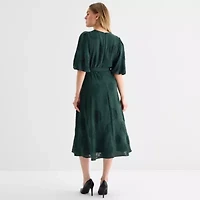 Melonie T Womens Elbow Sleeve Floral Midi Fit + Flare Dress