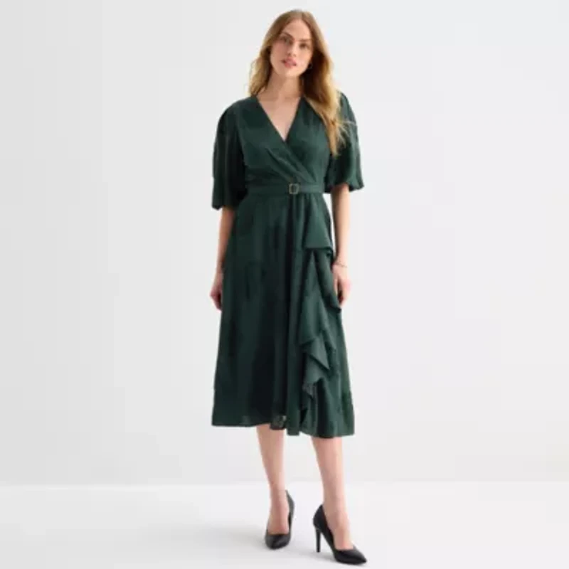 Melonie T Womens Elbow Sleeve Floral Midi Fit + Flare Dress