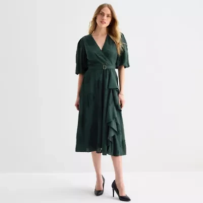 Melonie T Womens Elbow Sleeve Floral Midi Fit + Flare Dress