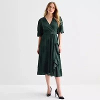 Melonie T Womens Elbow Sleeve Floral Midi Fit + Flare Dress