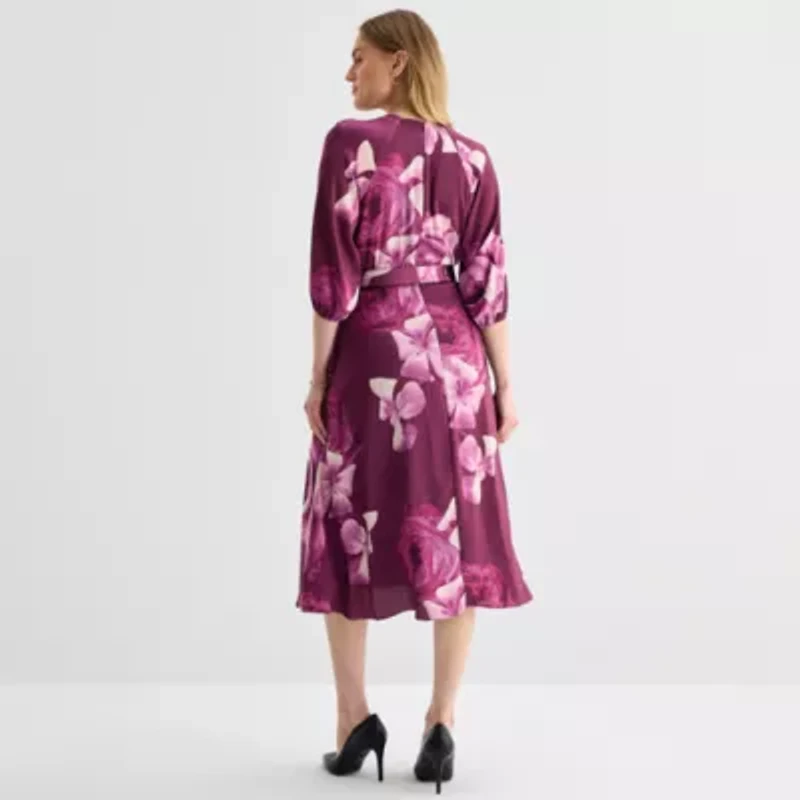 Melonie T Womens 3/4 Sleeve Floral Midi Fit + Flare Dress