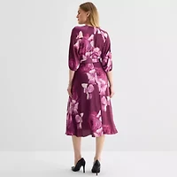 Melonie T Womens 3/4 Sleeve Floral Midi Fit + Flare Dress
