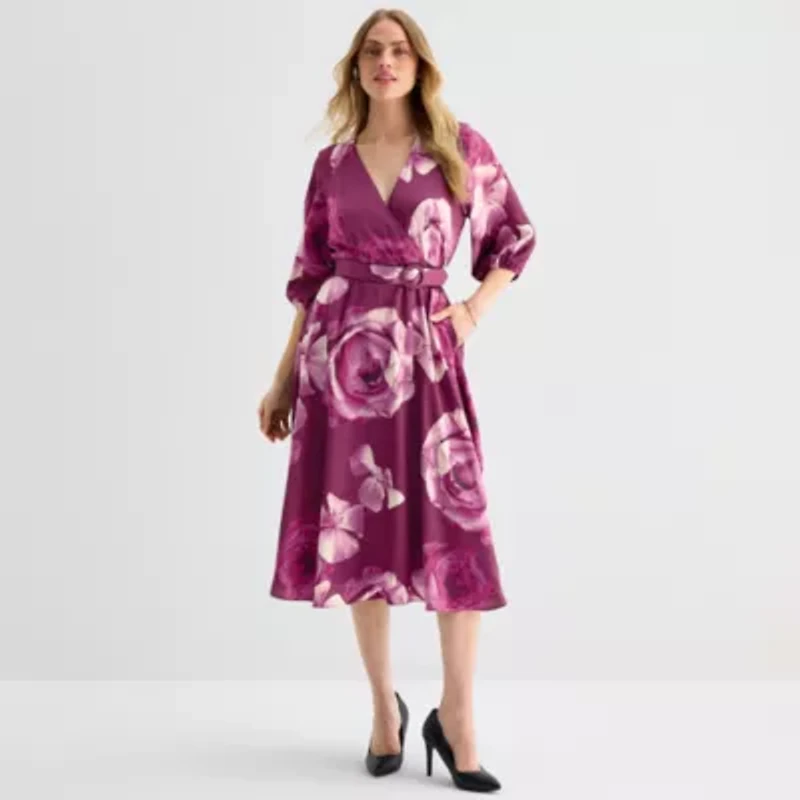 Melonie T Womens 3/4 Sleeve Floral Midi Fit + Flare Dress