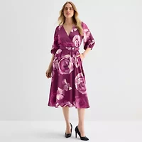 Melonie T Womens 3/4 Sleeve Floral Midi Fit + Flare Dress