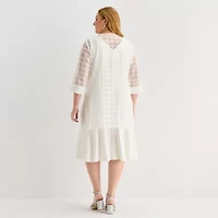 Maya Brooke Womens Plus Beaded Windowpane Midi Jacket Dress