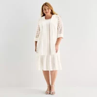 Maya Brooke Womens Plus Beaded Windowpane Midi Jacket Dress