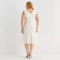 Maya Brooke Womens Plus Beaded Windowpane Midi Jacket Dress