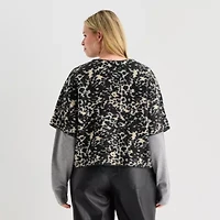 Worthington Plus Womens Short Sleeve Animal Pullover Sweater