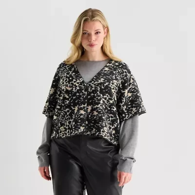 Worthington Plus Womens Short Sleeve Animal Pullover Sweater
