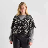 Worthington Plus Womens Short Sleeve Animal Pullover Sweater