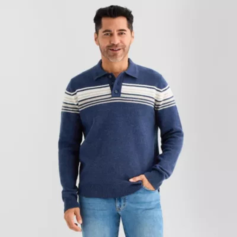 St. John's Bay Mens Y Neck Long Sleeve Button Polo Sweater