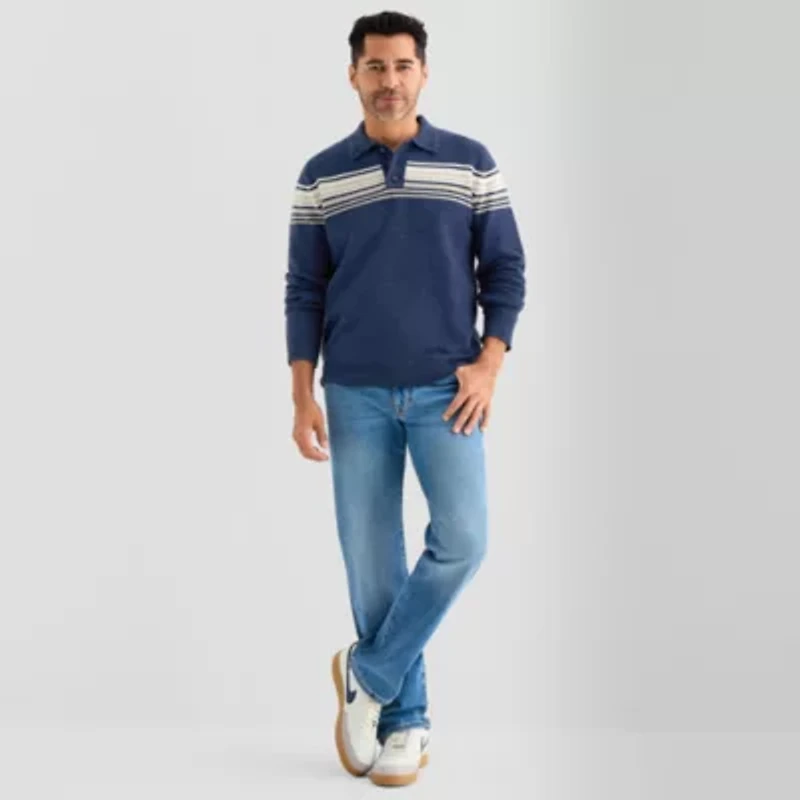 St. John's Bay Mens Y Neck Long Sleeve Button Polo Sweater