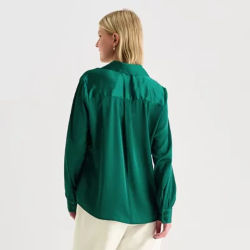 by&by Womens Juniors Drop Shoulder Long Sleeve Regular Fit Button-Down Shirt