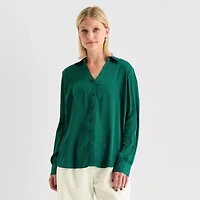 by&by Womens Juniors Drop Shoulder Long Sleeve Regular Fit Button-Down Shirt