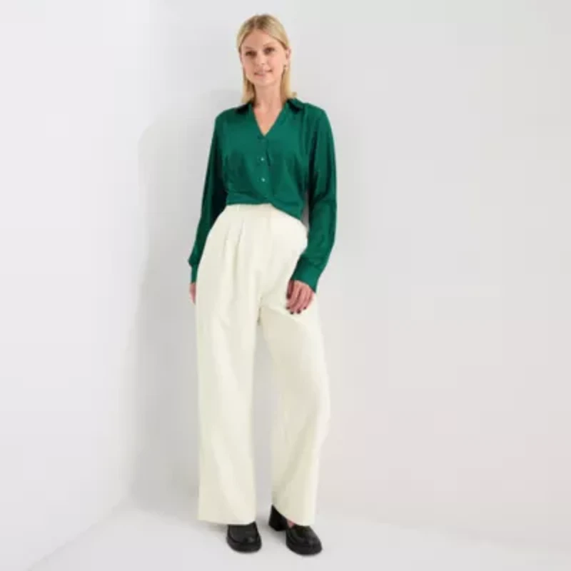 by&by Womens Juniors Drop Shoulder Long Sleeve Regular Fit Button-Down Shirt