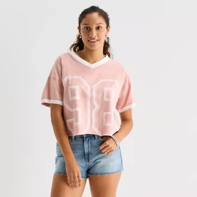 Arizona Womens Juniors V Neck Short Sleeve Oversized Graphic T-Shirt