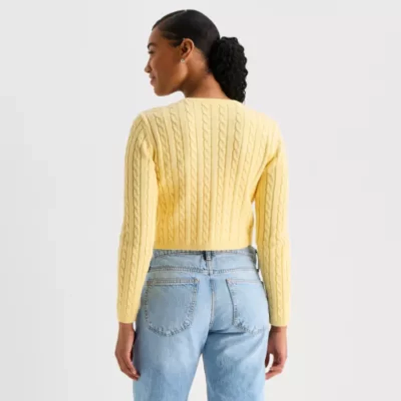 Arizona Womens Crew Neck Long Sleeve Button Juniors Cardigan