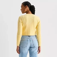 Arizona Womens Crew Neck Long Sleeve Button Juniors Cardigan