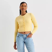 Arizona Womens Crew Neck Long Sleeve Button Juniors Cardigan