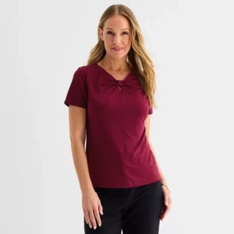 Liz Claiborne Womens Keyhole Neck Short Sleeve Blouse