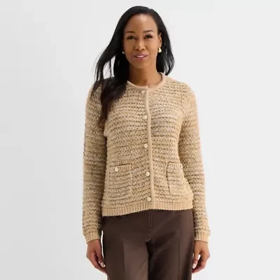 Liz Claiborne Womens Crew Neck Long Sleeve Button Cardigan