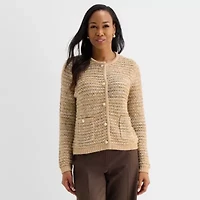 Liz Claiborne Womens Crew Neck Long Sleeve Button Cardigan