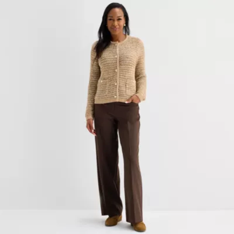 Liz Claiborne Womens Crew Neck Long Sleeve Button Cardigan