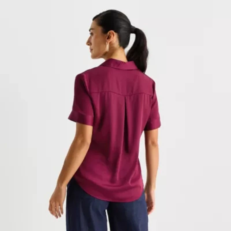 Worthington Womens Short Sleeve Satin Blouse