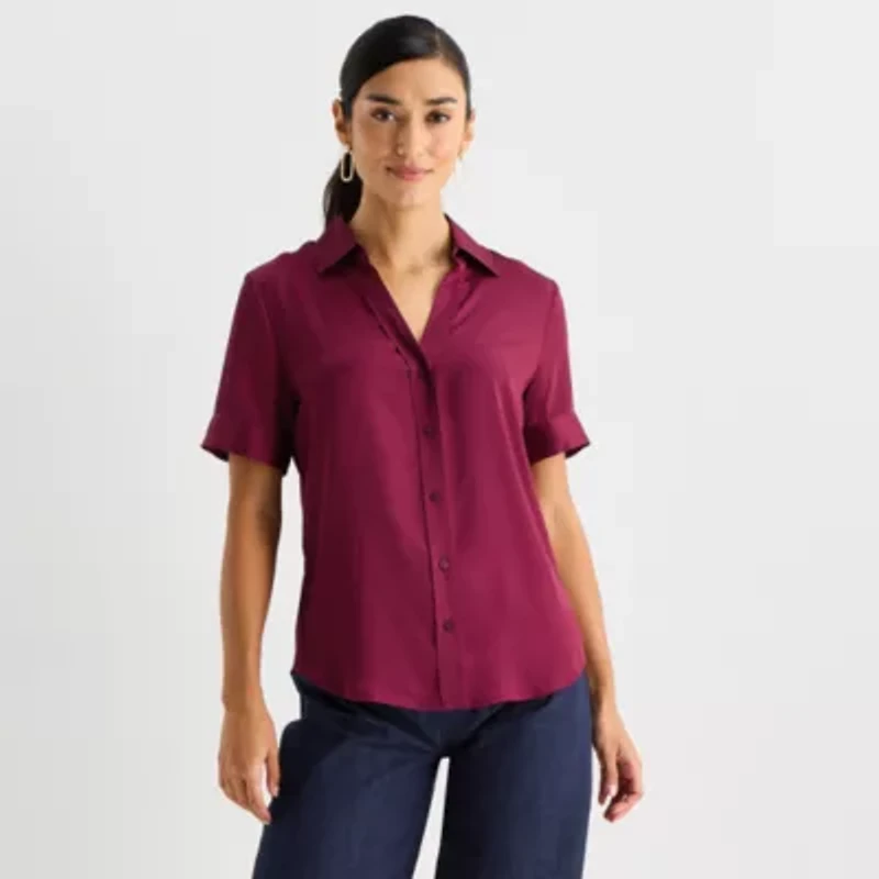 Worthington Womens Short Sleeve Satin Blouse