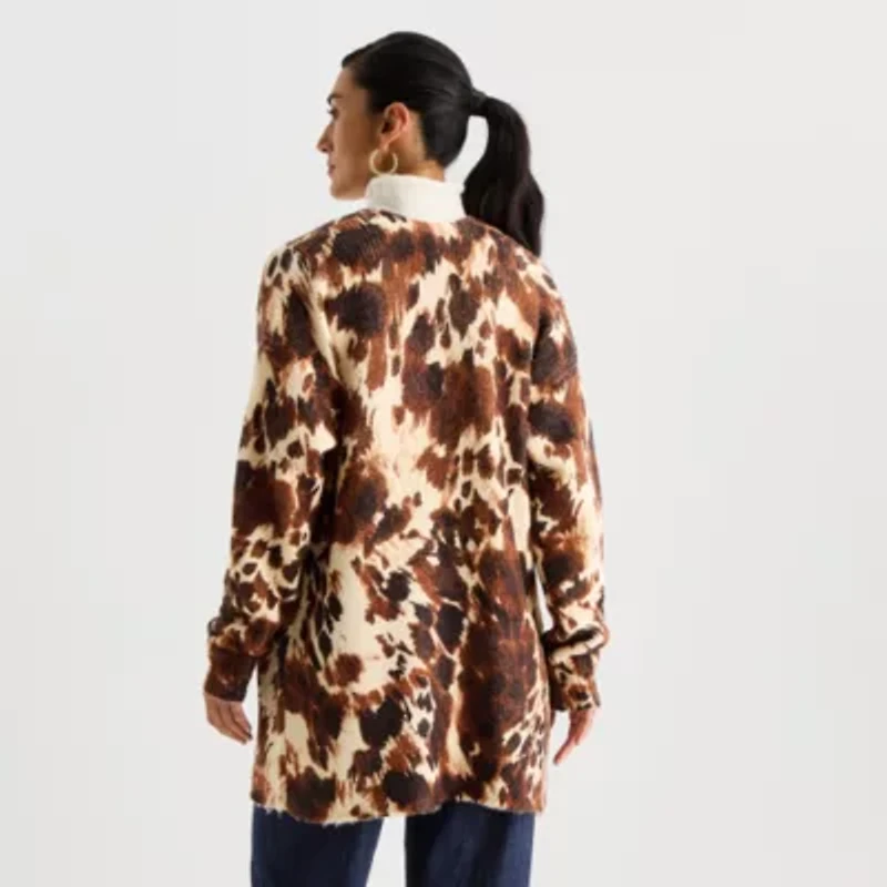 Worthington Womens Long Sleeve Open Front Cheetah Cardigan