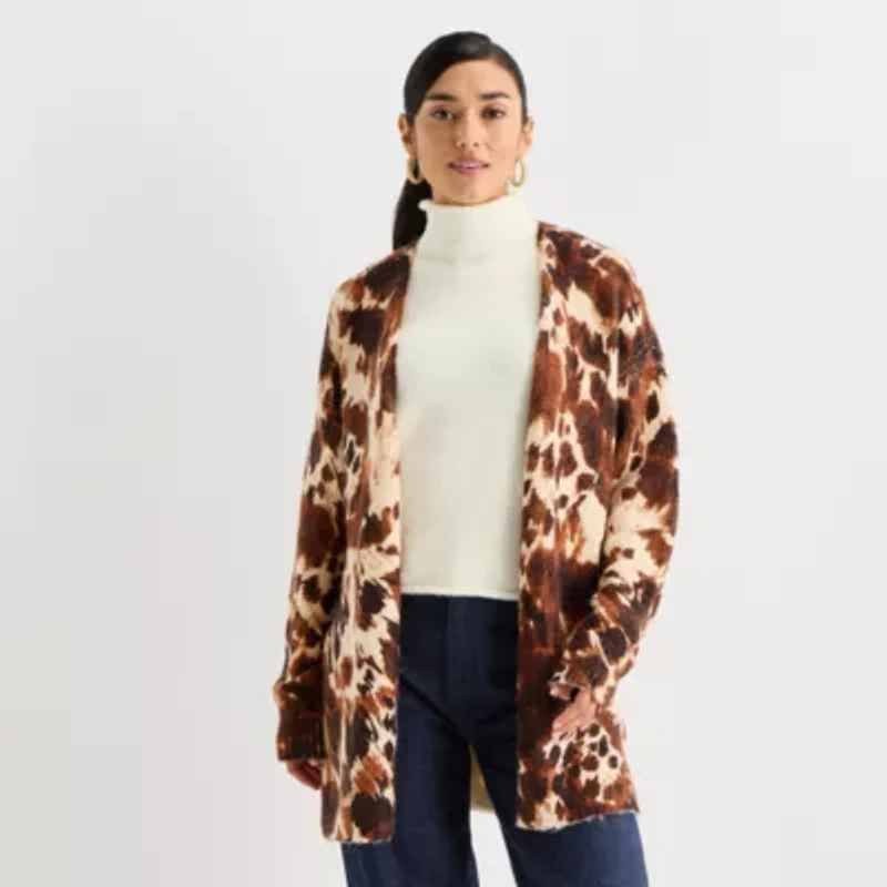 Worthington Womens Long Sleeve Open Front Cheetah Cardigan
