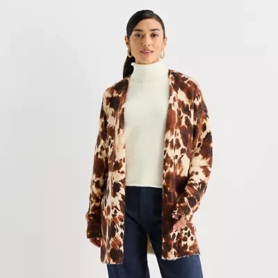 Worthington Womens Long Sleeve Open Front Cheetah Cardigan