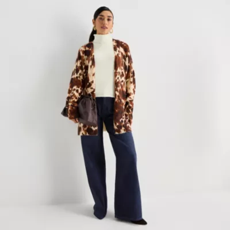 Worthington Womens Long Sleeve Open Front Cheetah Cardigan