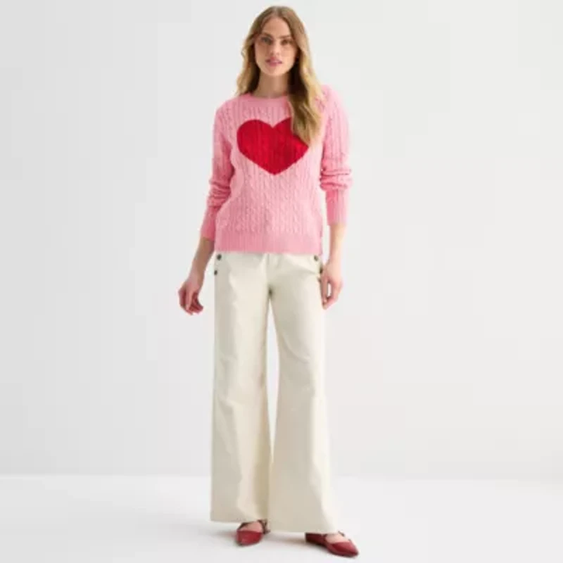 St. John's Bay Womens Crew Neck Long Sleeve Cable Knit Pullover Sweater