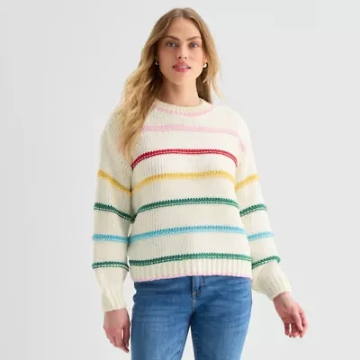 St. John's Bay Womens Crew Neck Long Sleeve Striped Pullover Sweater