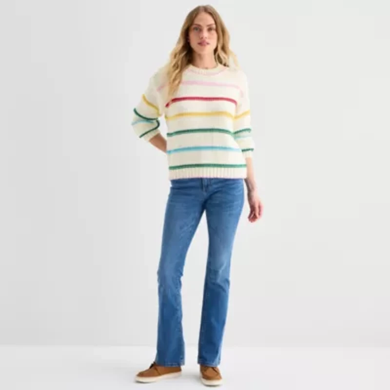 St. John's Bay Womens Crew Neck Long Sleeve Striped Pullover Sweater