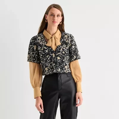 Worthington Womens V Neck Short Sleeve Animal Pullover Sweater
