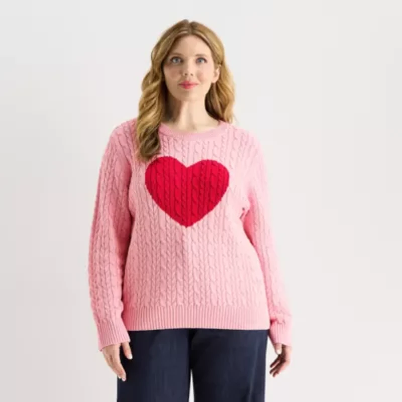 St. John's Bay Plus Womens Crew Neck Long Sleeve Cable Knit Pullover Sweater