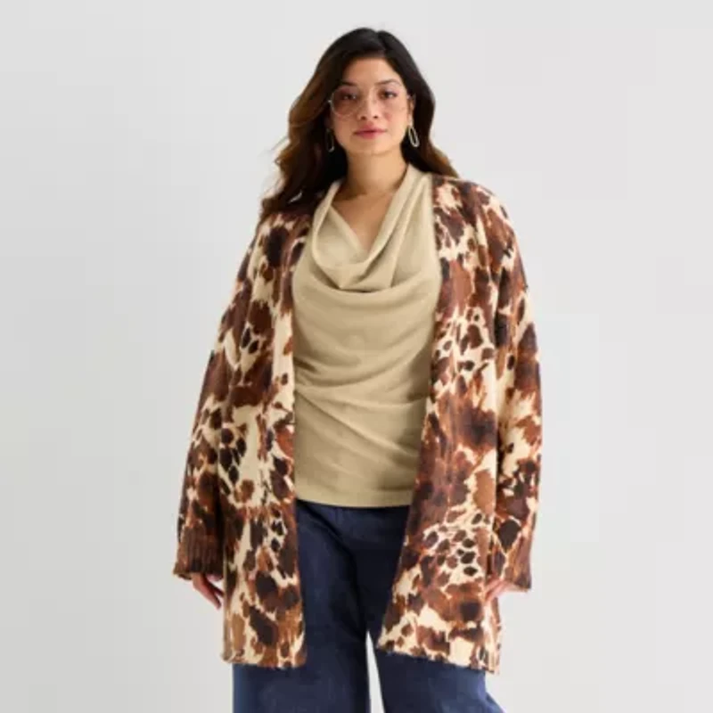Worthington Womens Long Sleeve Open Front Plus Cheetah Cardigan