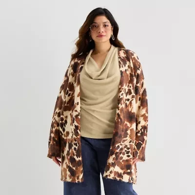 Worthington Womens Long Sleeve Open Front Plus Cheetah Cardigan