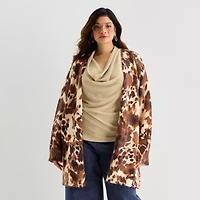 Worthington Womens Long Sleeve Open Front Plus Cheetah Cardigan